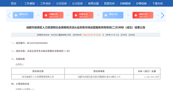 喜訊！瑞方人力再次中標武侯區人社局靈活從業勞務市場運營服務采購項目 第1張
